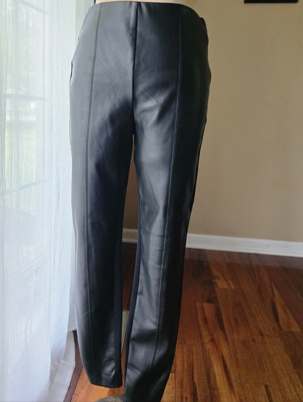 Ann Taylor Black Faux Leather Front Ponte Leggings Skinny Pants Vegan‎ Size 8